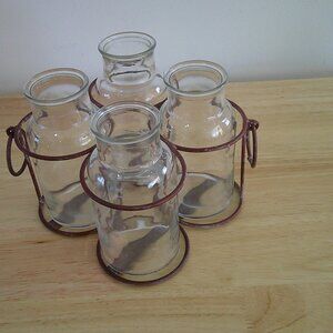 set of 4 Milk glass jars in metal caddy